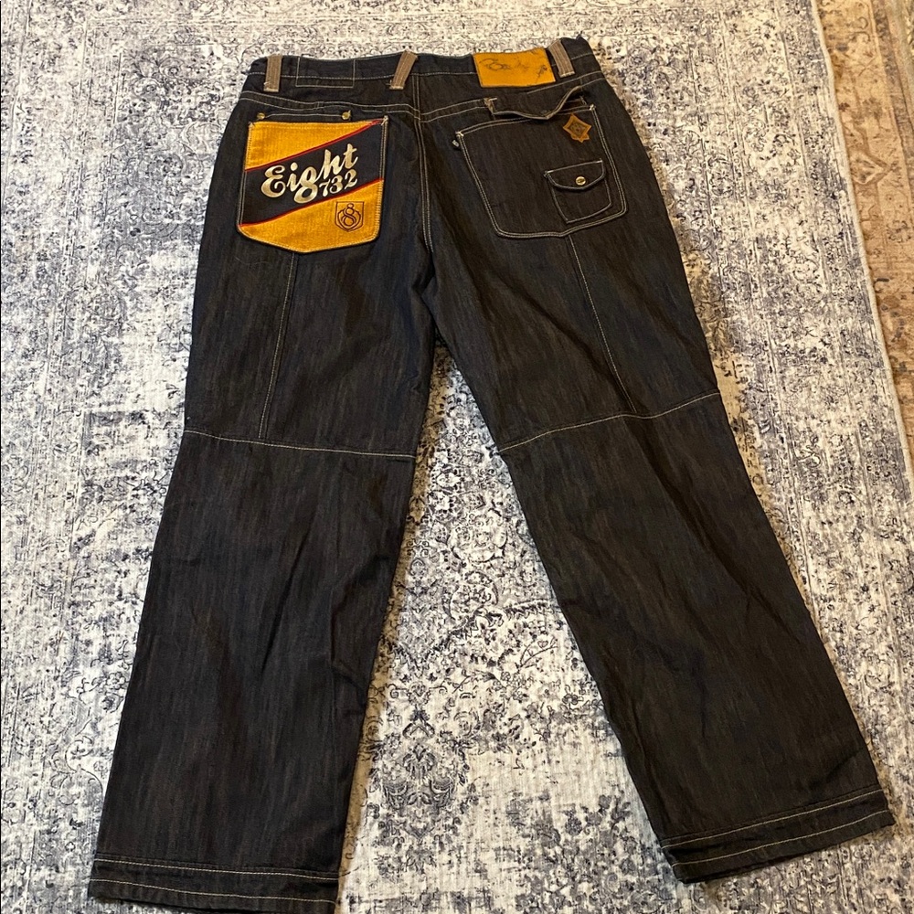 Eight 732 Jeans dark black denim Hip Hop Jay Z embroidered pocket 36 x 31 READ